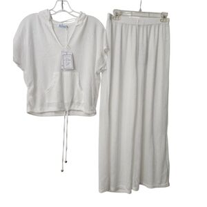 NWT Blue Island White Hooded Crochet Top &  Wide-Leg Pants Set Sz L